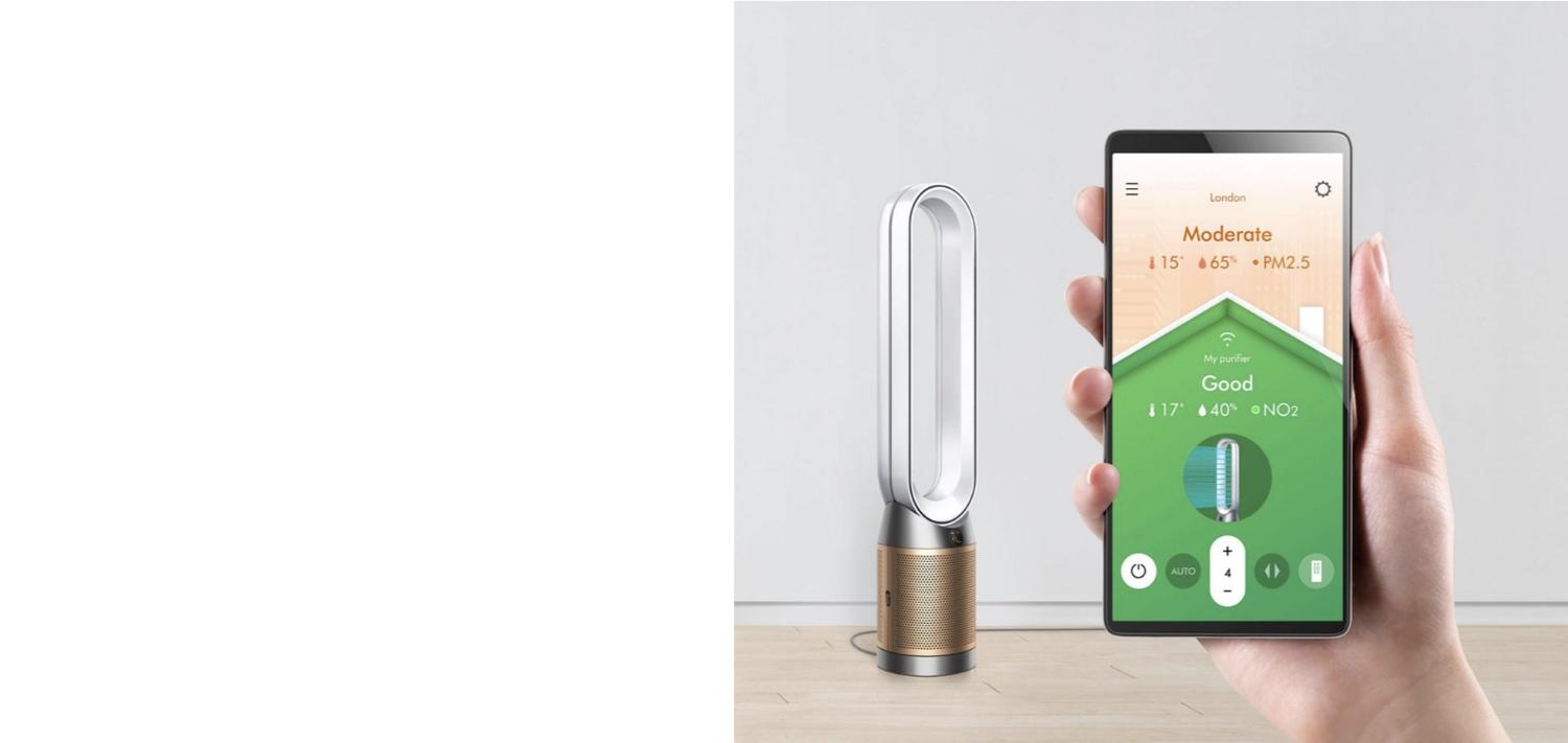 Dyson purifier in a living room with a screen over the top which mimics the options of the remote control from the MyDyson app.